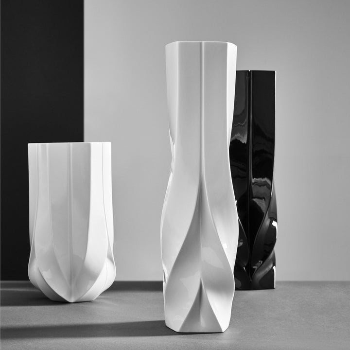 Braid Vase — white Wide and Waist vases with a black vase behind them in a gray studio setting