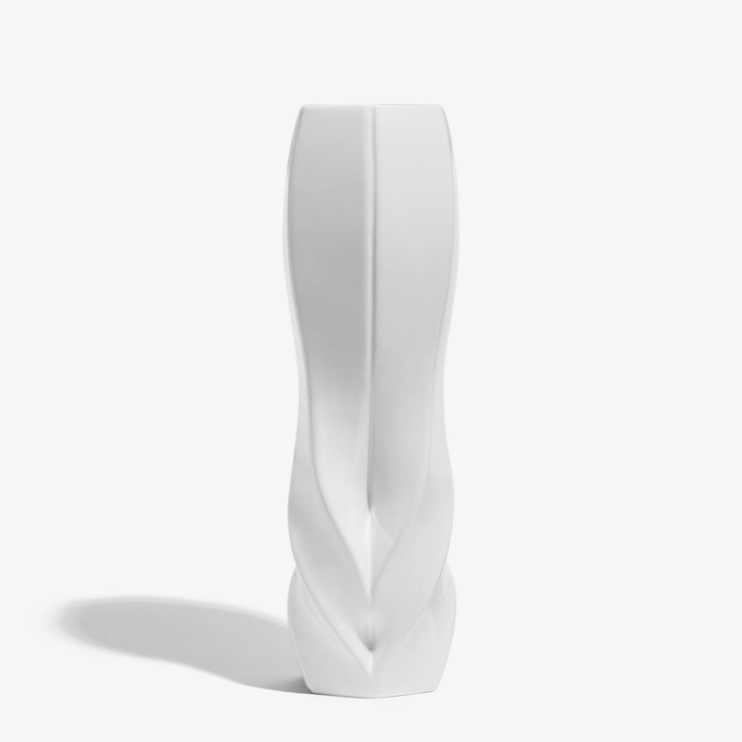 Braid Vase — Waist white porcelain vase, front view on a white background