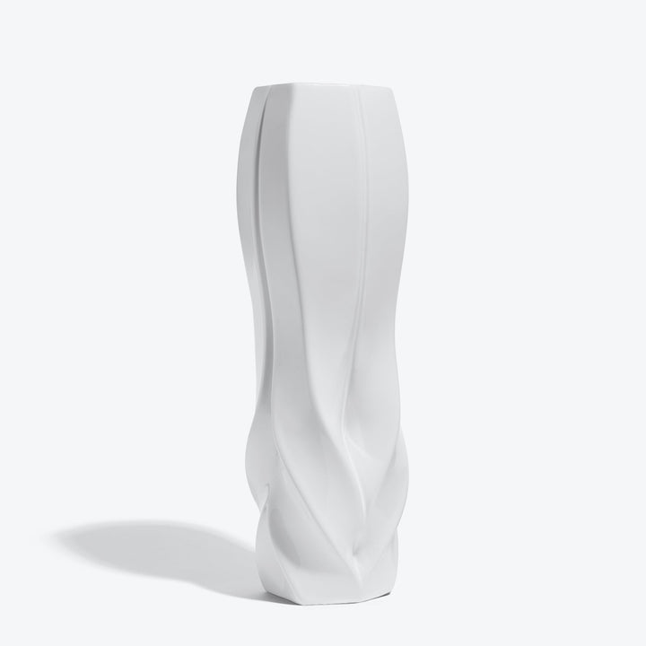Braid Vase — Waist white porcelain vase, three-quarter view showing its pinched middle