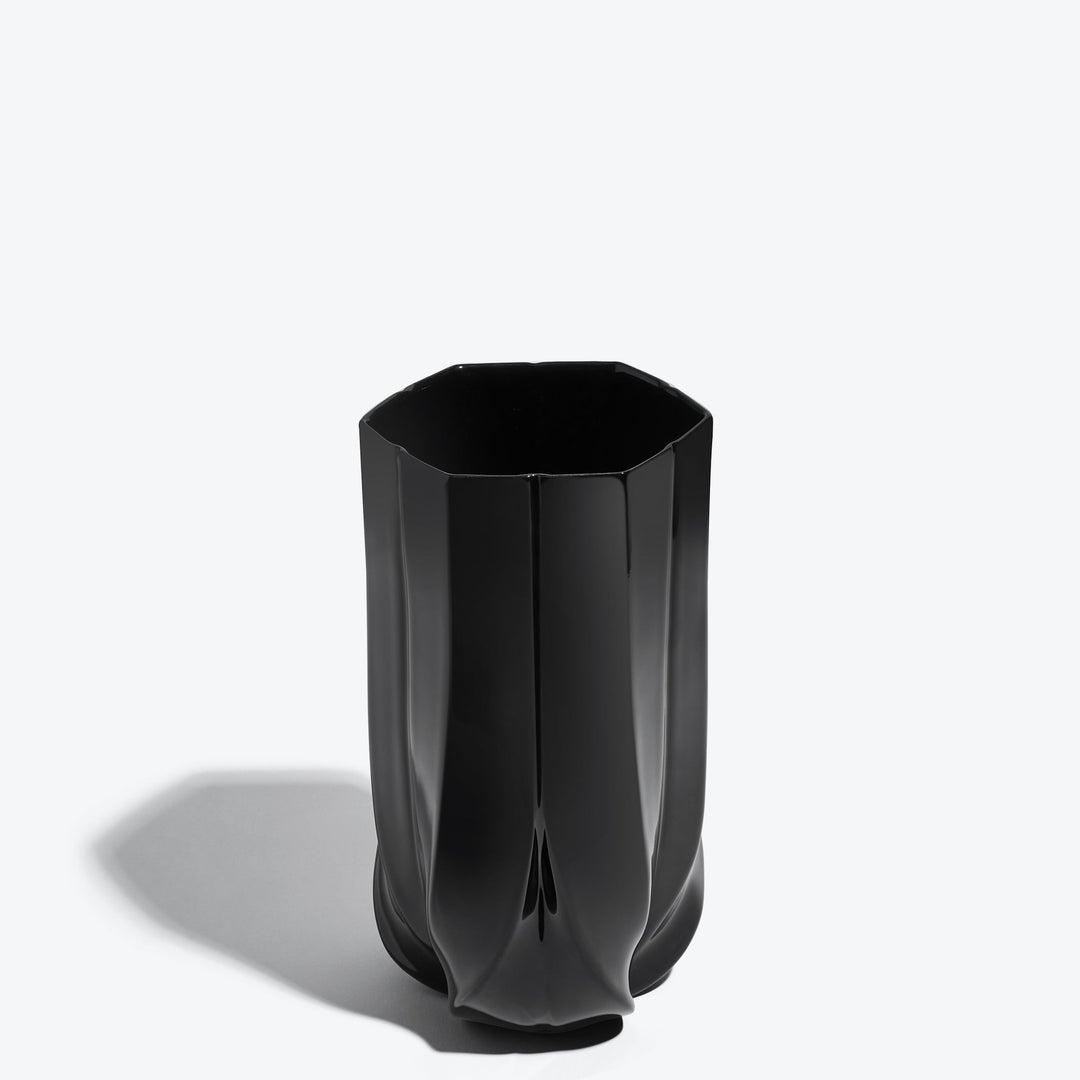 Braid Vase — Wide black porcelain vase from a raised angle showing its hexagonal opening