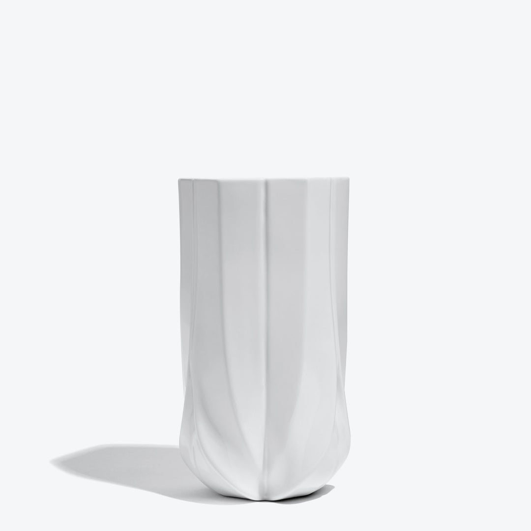 Braid Vase — Wide white porcelain vase, front view on a white background