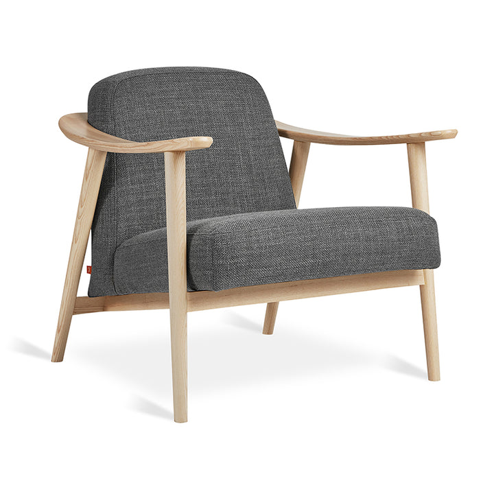 Gray wool armchair with light oak frame, modern Scandinavian design