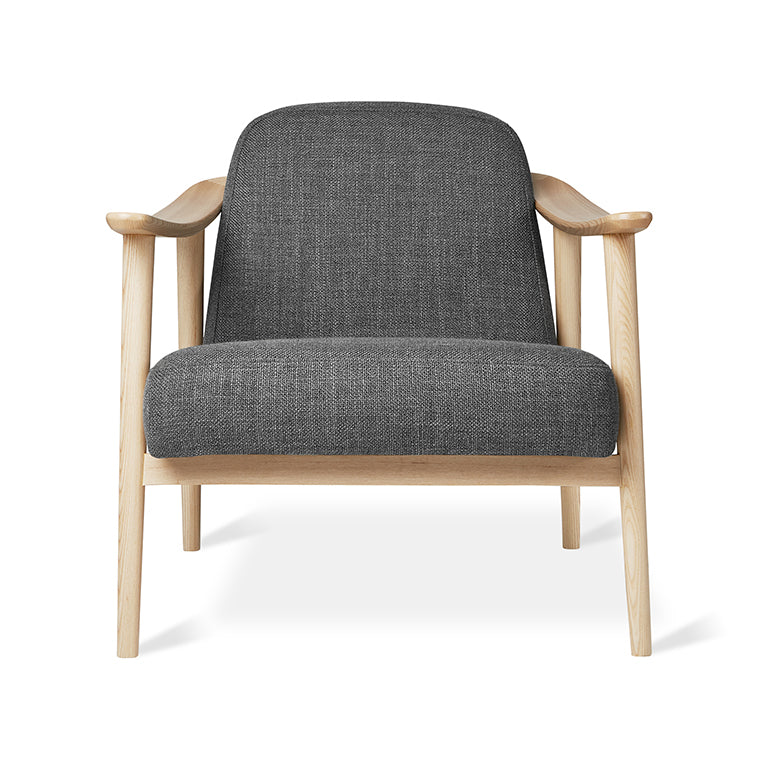Mid-century modern armchair in charcoal fabric with oak frame, designer-inspired lounge seating