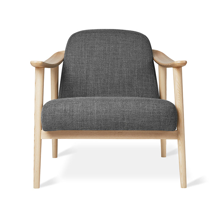 Mid-century modern armchair in charcoal fabric with oak frame, designer-inspired lounge seating