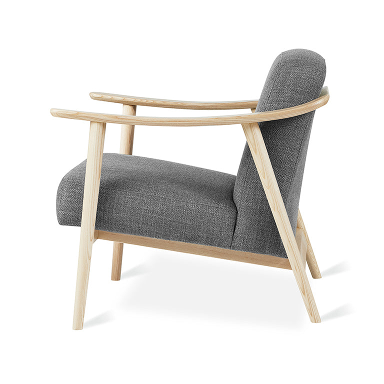 Gray linen armchair with light oak frame, modern minimalist design