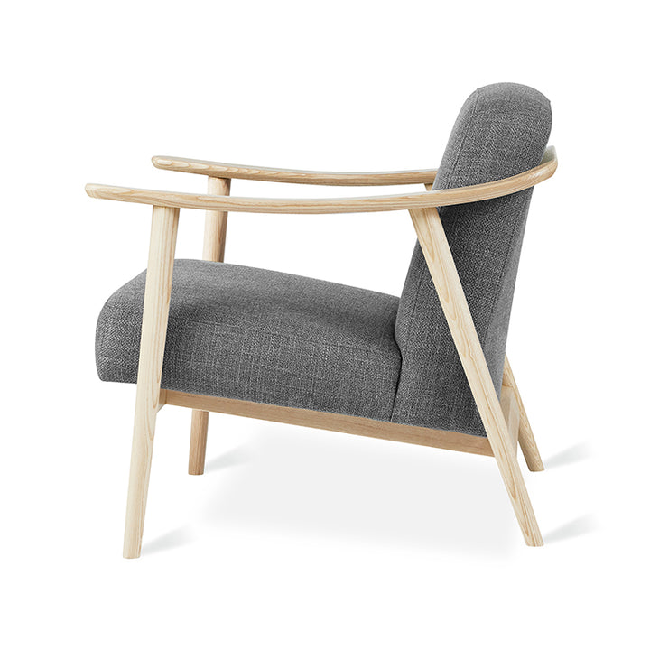 Gray linen armchair with light oak frame, modern minimalist design