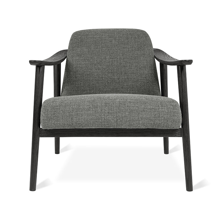 Mid-century modern armchair in charcoal linen with black oak frame, designer furniture