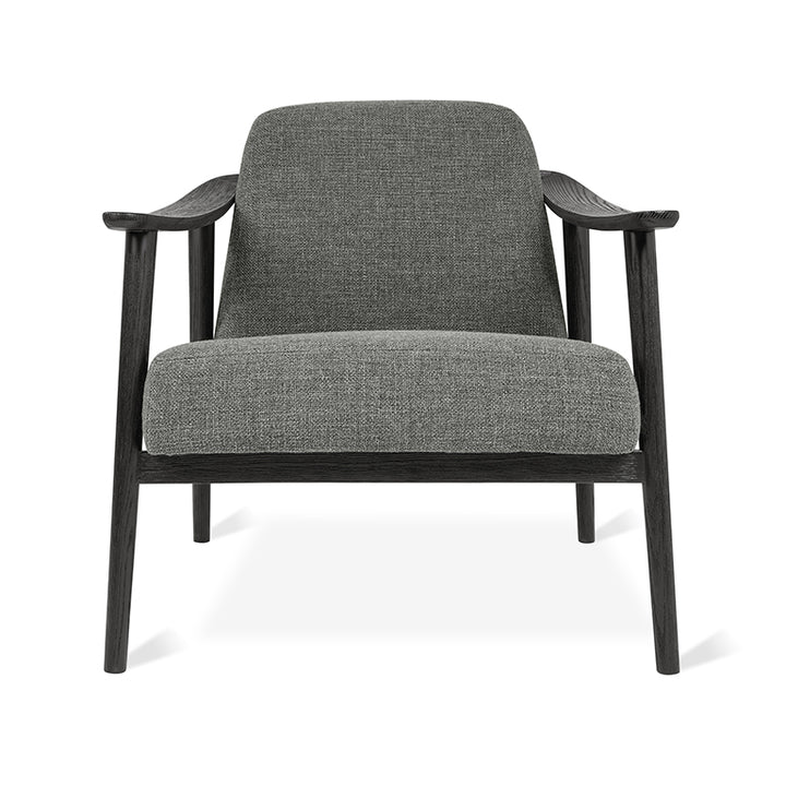 Mid-century modern armchair in charcoal linen with black oak frame, designer furniture