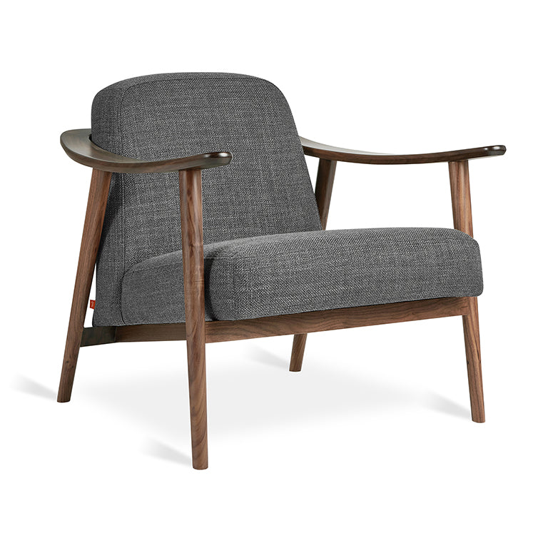 Mid-century modern armchair in charcoal textured fabric with walnut wood frame and sculpted arms