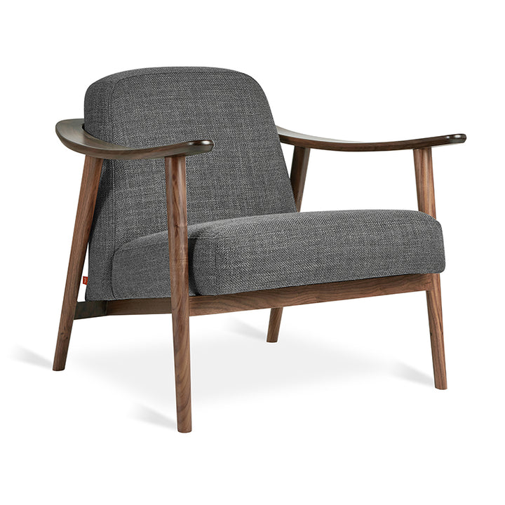 Mid-century modern armchair in charcoal textured fabric with walnut wood frame and sculpted arms
