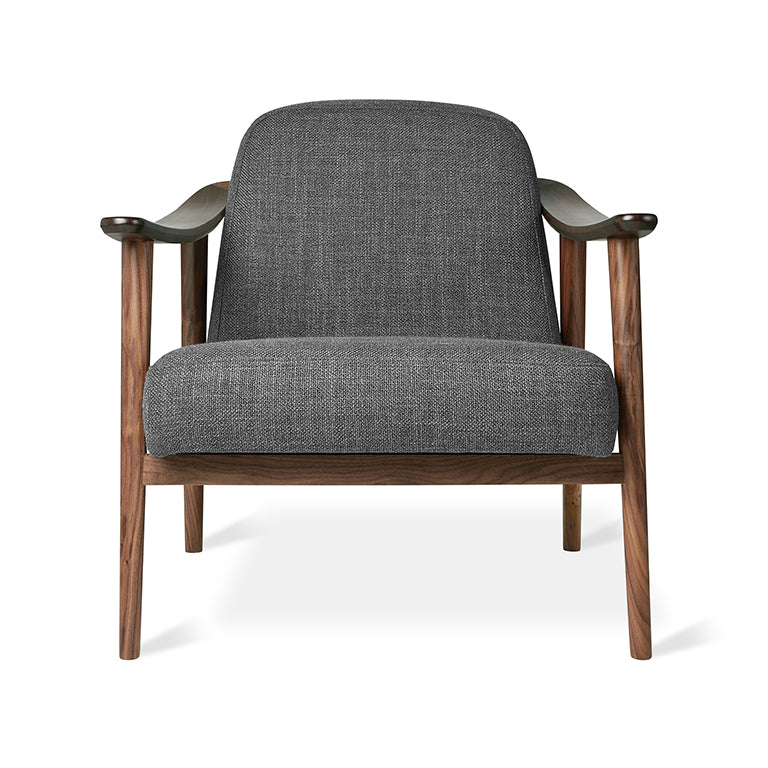 Mid-century modern armchair in charcoal wool with walnut frame, designer lounge chair