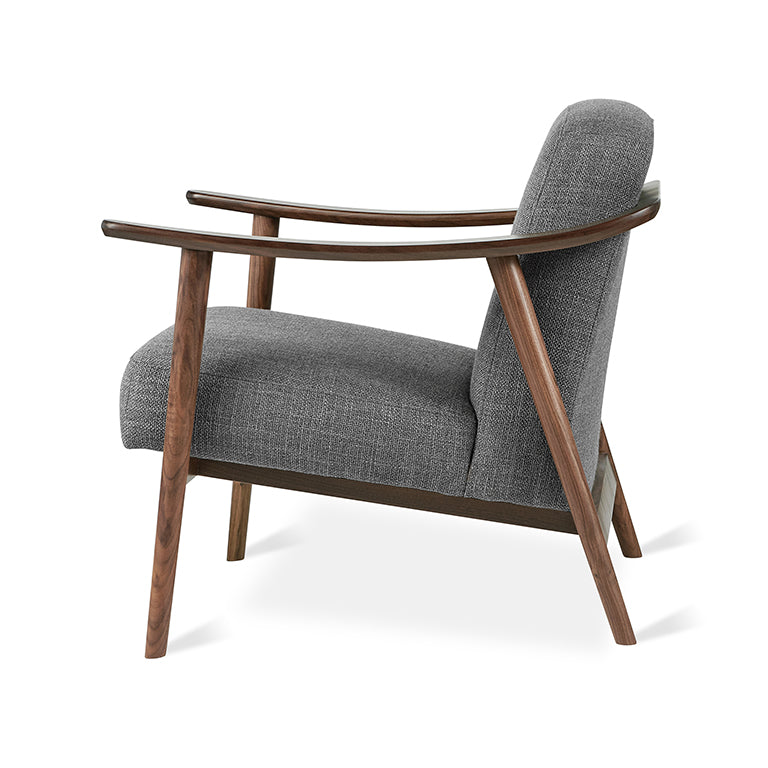Mid-century modern armchair in charcoal textured fabric with walnut wood frame and sculpted arms