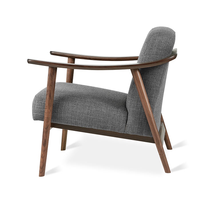 Mid-century modern armchair in charcoal textured fabric with walnut wood frame and sculpted arms