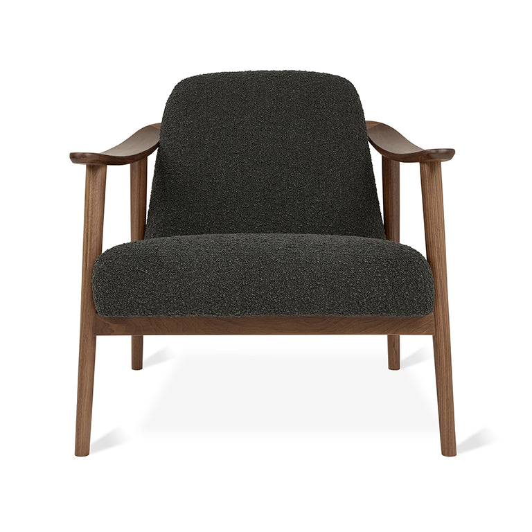 Mid-century modern armchair with walnut wood frame and textured charcoal upholstery