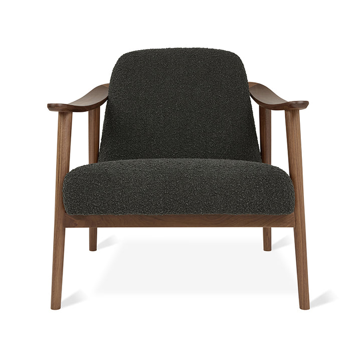 Mid-century modern armchair with walnut wood frame and textured charcoal upholstery