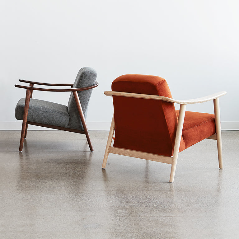 Mid-century modern armchairs in gray wool and terracotta velvet with walnut and oak frames