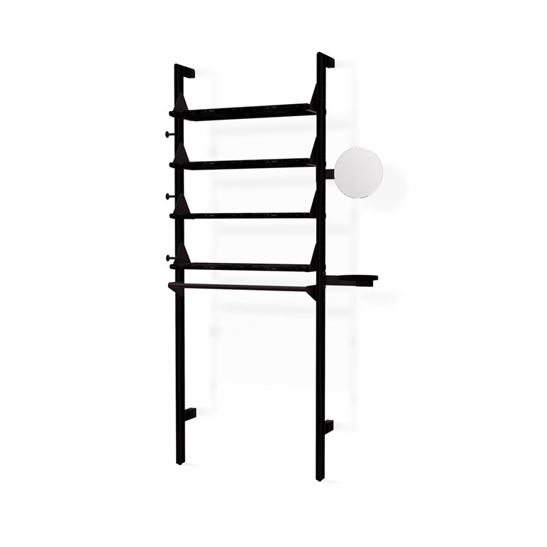 Black metal ladder shelf with round mirror, minimalist designer home decor