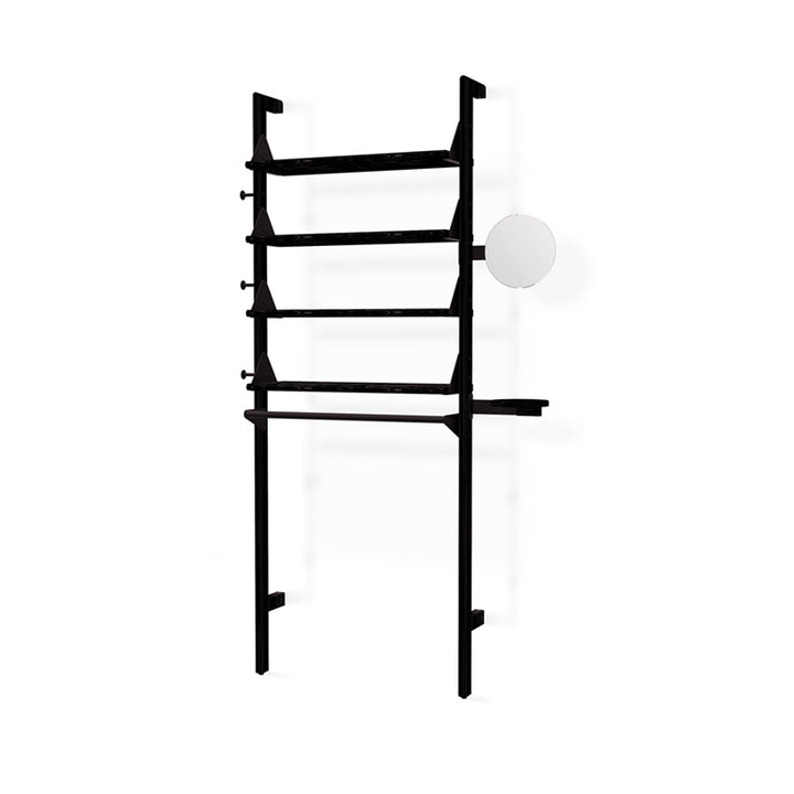 Black metal ladder shelf with round mirror, minimalist designer home decor