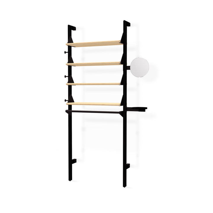 Minimalist black metal shelving with light wood tiers and round mirror accent
