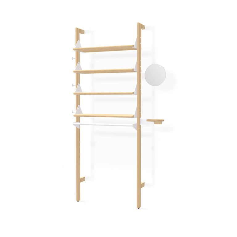 Minimalist oak shelving unit with geometric white accents and round mirror