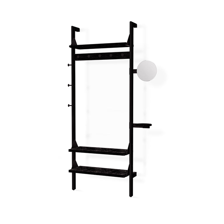 Black metal wall shelf with integrated mirror and coat hooks, minimalist modern design