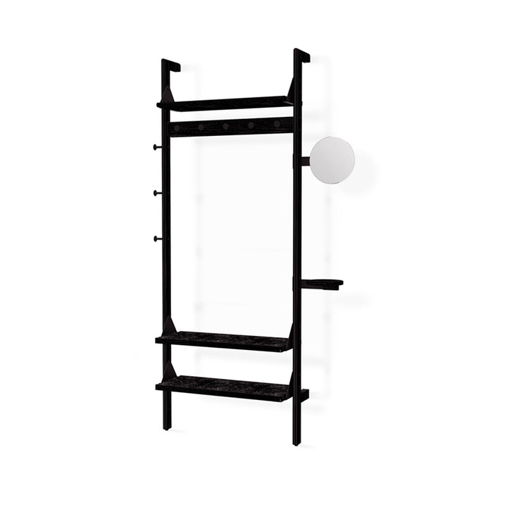 Black metal wall shelf with integrated mirror and coat hooks, minimalist modern design