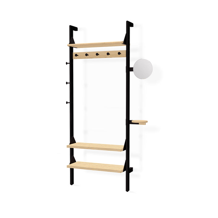 Minimalist black metal and oak wood wall shelf with integrated hooks and round mirror