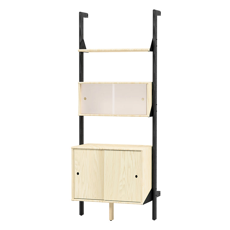 Light wood and black metal modular shelving unit with glass cabinet