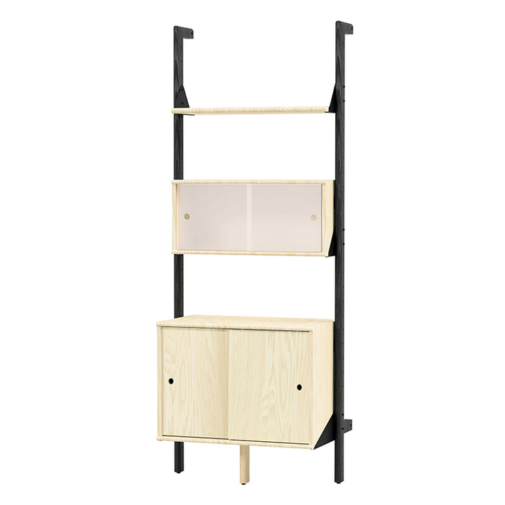 Light wood and black metal modular shelving unit with glass cabinet