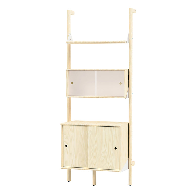 Light wood modular shelving unit with glass display and cabinet doors, minimalist design