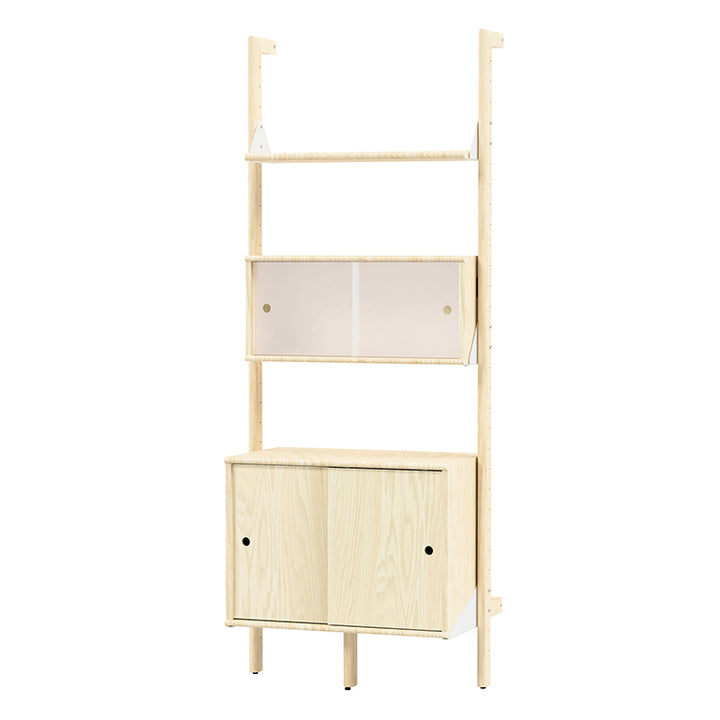 Light wood modular shelving unit with glass display and cabinet doors, minimalist design