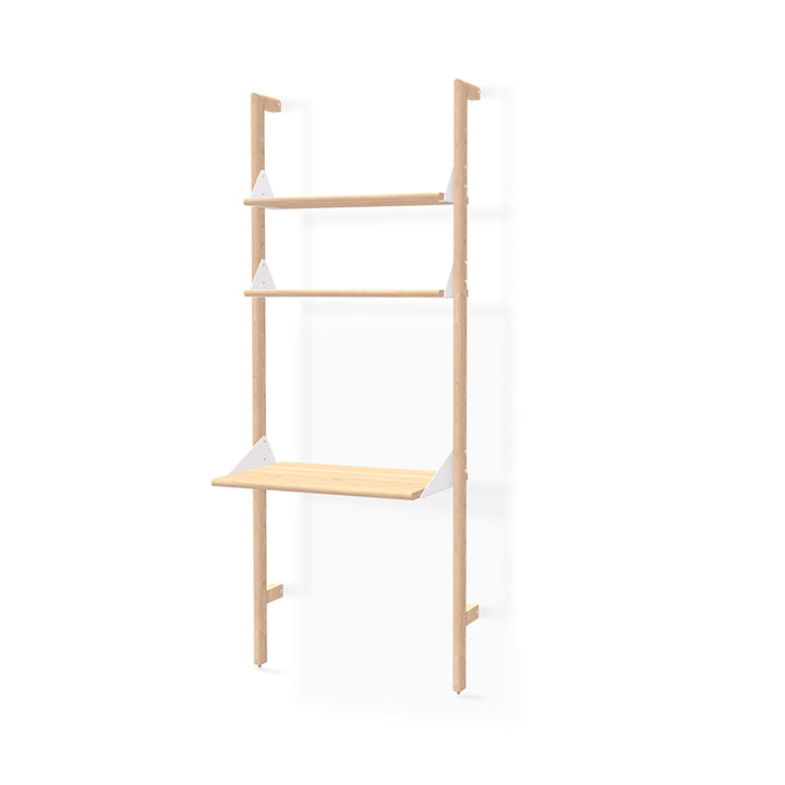 Minimalist oak wall shelf with white brackets, modern designer storage