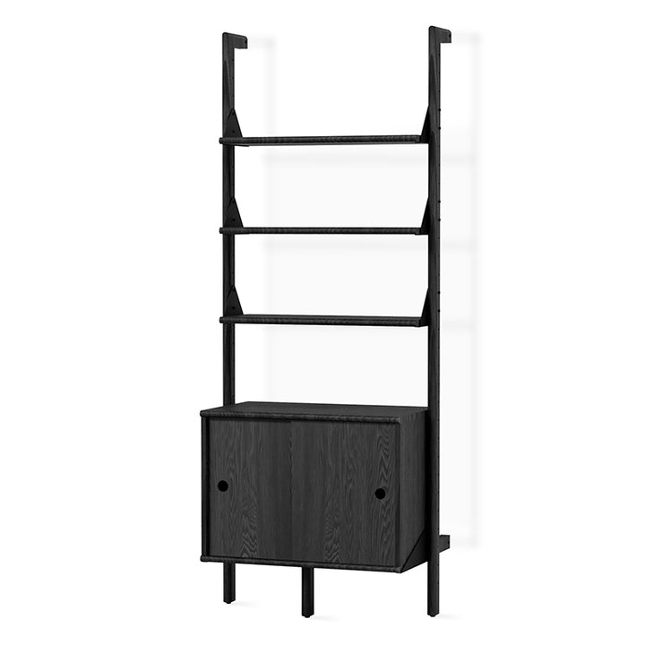 Black oak ladder shelf with cabinet, minimalist designer storage for modern homes