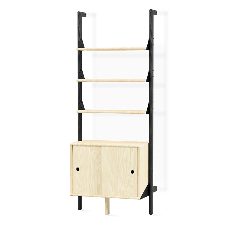 Minimalist oak shelving unit with black metal frame, designer home storage