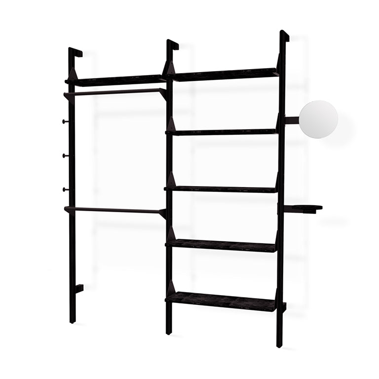 Black modular shelving unit with sleek metal frame and adjustable shelves, minimalist design