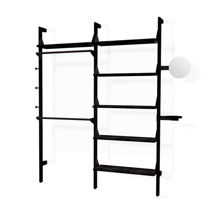 Black modular shelving unit with sleek metal frame and adjustable shelves, minimalist design