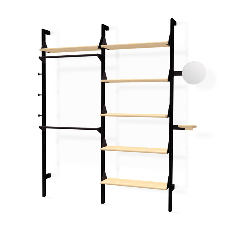 Minimalist black metal shelving with light oak shelves, modern designer storage unit