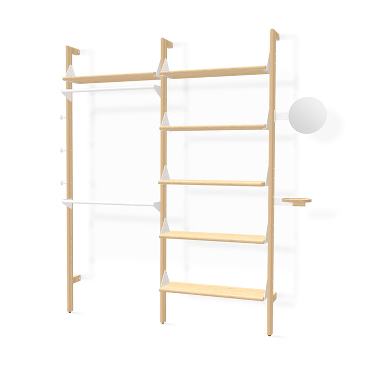 Minimalist oak shelving unit with white metal accents, designed for modern home organization