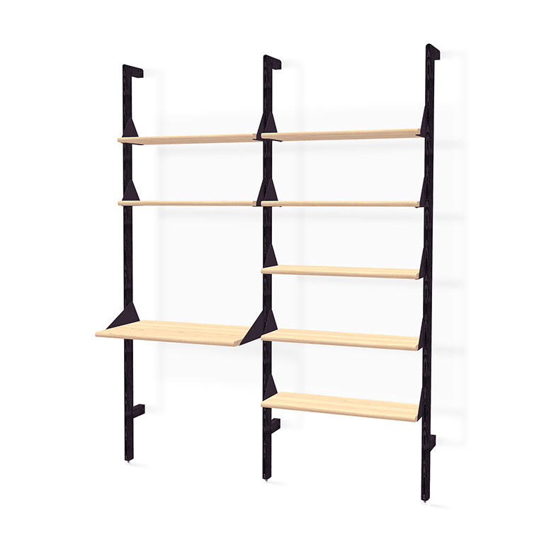 Modern wall shelf with black metal frame and light wood shelves, minimalist design