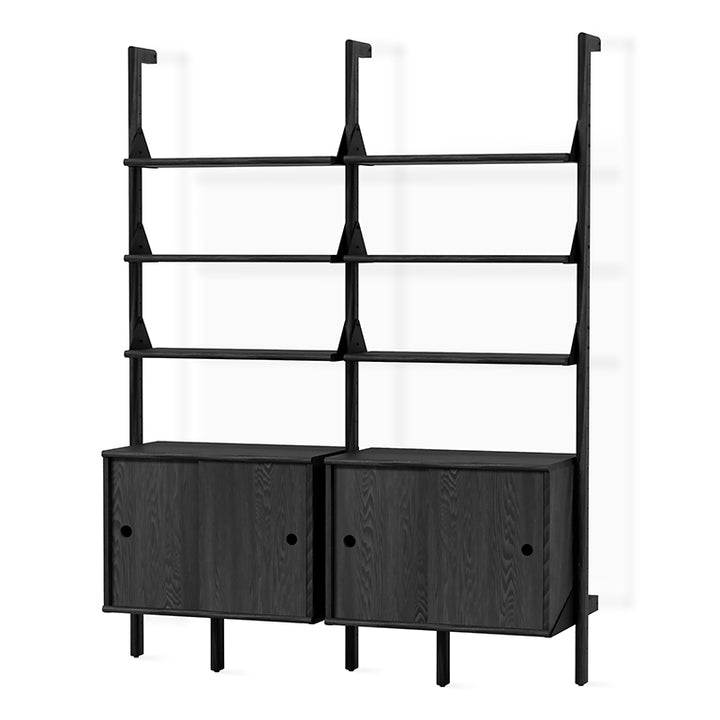 Black oak modular shelving unit with sleek metal frame and minimalist design