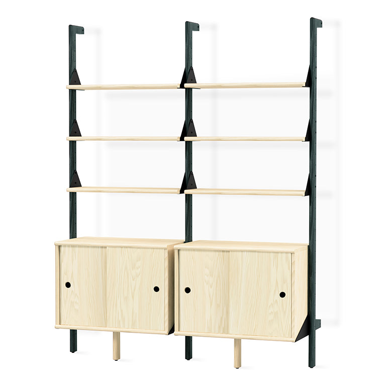 Light wood shelving with black metal brackets and minimalist cabinets