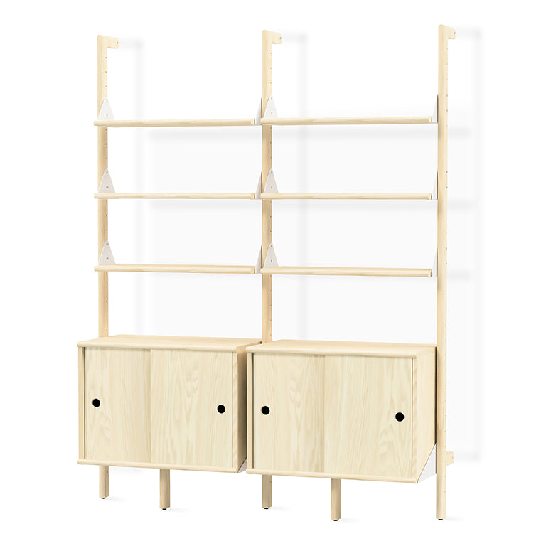 Light wood modular shelving with sleek cabinets, minimalist design