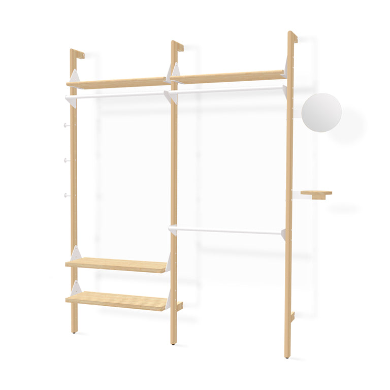 Minimalist oak and white modular shelving system with sleek design