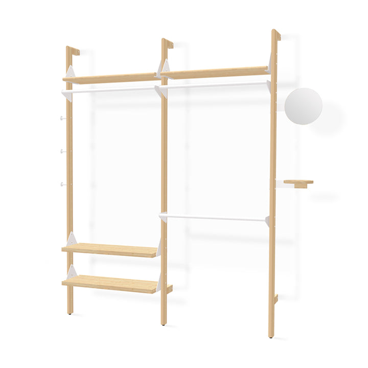 Minimalist oak and white modular shelving system with sleek design