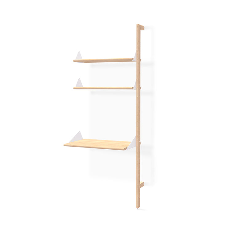 Minimalist oak wall shelf with white triangular brackets, modern Scandinavian design