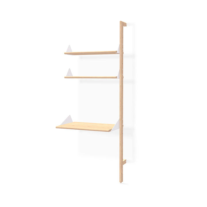 Minimalist oak wall shelf with white triangular brackets, modern Scandinavian design