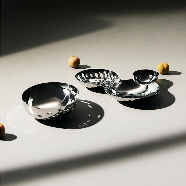 Cell Bowl — small and large silver bowls with apricots on a sunlit table, lifestyle view