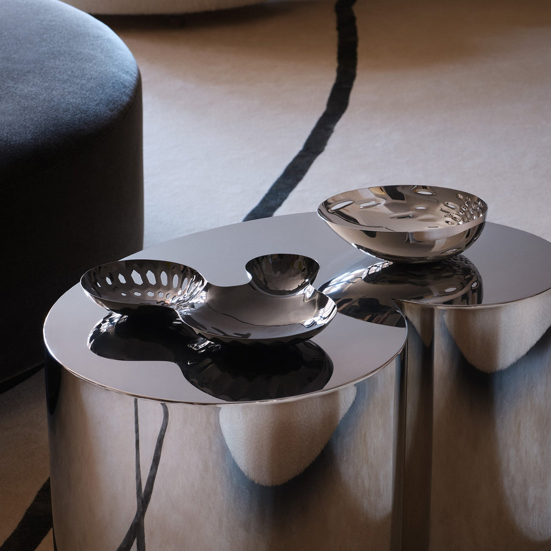 Cell Bowl — large three-well bowl and small bowl on a mirrored side table in a living room