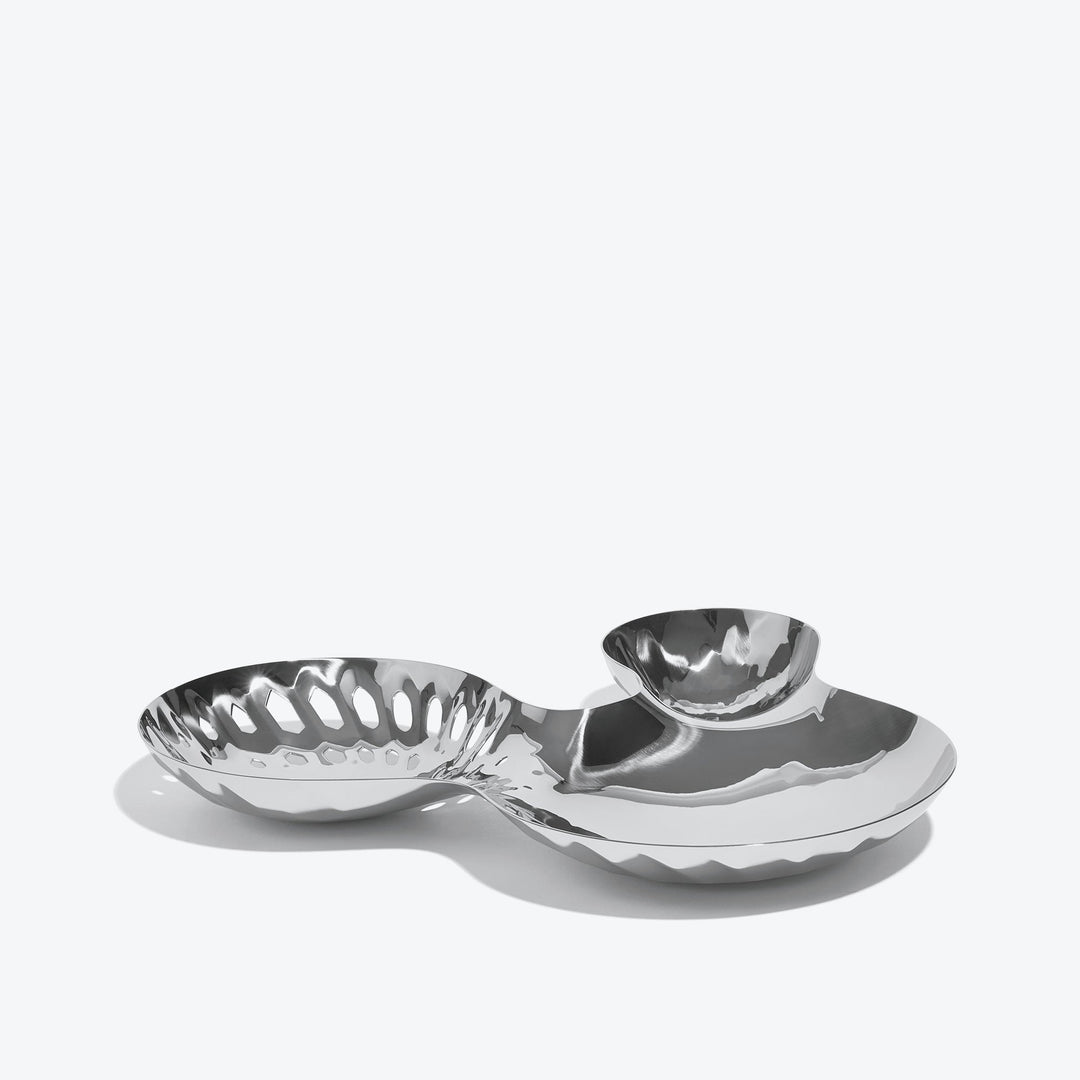 Cell Bowl — large silver three-well bowl with pierced cells, side view on a white background