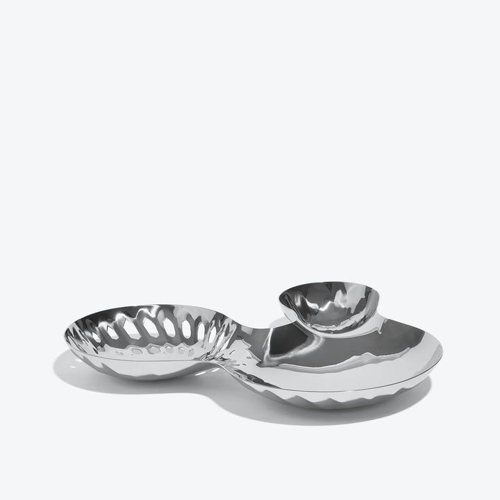 Cell Bowl — large silver three-well bowl with pierced cells, side view on a white background